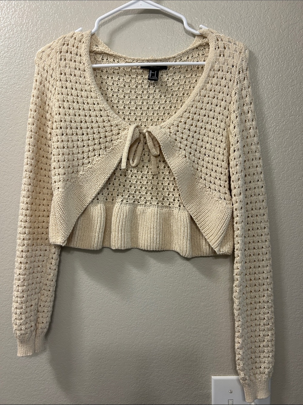 Forever 21 Cream Crochet Tie-Front Cropped Sweater
